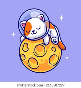 Cute Cat Astronaut Sleeping On Moon Cartoon Vector Icon Illustration. Science Animal Icon Concept Isolated Premium Vector. Flat Cartoon Style