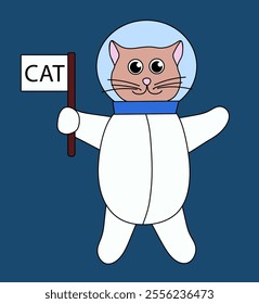 Cute cat astronaut in space with flag. Flat vector Illustration.