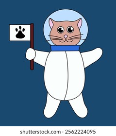 Cute cat astronaut in space with flag paw. Flat vector Illustration.