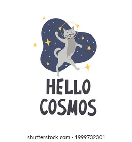 Cute cat astronaut in space flat vector illustration with typography hello cosmos