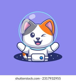 Cute Cat Astronaut In Space Hole Cartoon Vector Icon Illustration. Animal Science Icon Concept Isolated Premium Vector. Flat Cartoon Style