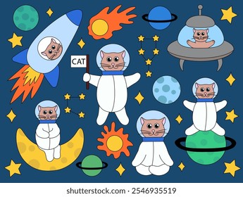 Lindo gato astronauta en el espacio con el planeta y la constelación de la luna, estrellas, cometa. Ilustración vectorial plana.