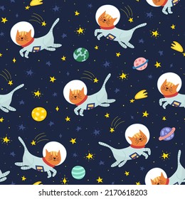 Cute cat astronaut in space seamless pattern. Background for kids with funny character. Great for fabric and wrapping paper. Vector illustration