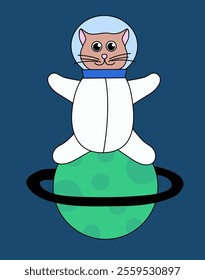 Cute cat astronaut in space sit on planet. Flat vector Illustration.