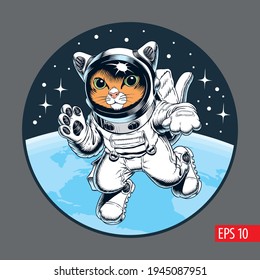 Cute cat astronaut in spacesuit floating in outer space. Comic style vector illustration.