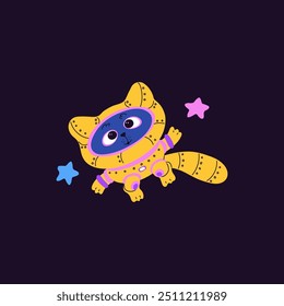 Cute cat astronaut in spacesuit in space. Cartoon kitten cosmonaut flying in night sky with stars. Funny pet fantasy adventure vector flat illustration. Cosmic feline animal character wear space suit