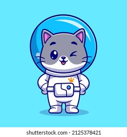 Cute Cat Astronaut Standing Cartoon Vector Icon Illustration. Animal Science Icon Concept Isolated Premium Vector. Flat Cartoon Style