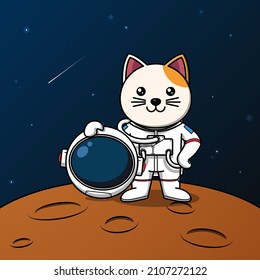 Cute cat astronaut standing on the moon illustration