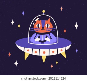 Cute cat astronaut traveling in outer space in intergalactic spaceship. Animal cosmonaut in flying saucer. Childish UFO adventure in cosmos. Flat vector illustration of funny feline in universe