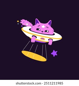 Cute cat astronaut in UFO spaceship in space. Cartoon kitten cosmonaut in space shuttle flying in night sky. Funny feline pet with a star on forehead. Fantasy cosmic adventure vector flat illustration