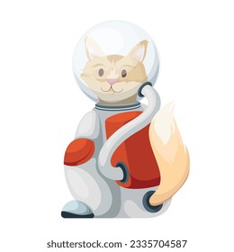 Cute cat astronaut vector illustration. Cartoon isolated funny kitty in spacesuit sitting back with head in helmet turned, happy pet of spaceman with adorable pose, fur and face, kitten astronaut