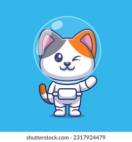 Cute Cat Astronaut Waving Hand Cartoon Vector Icon Illustration. Animal Science Icon Concept Isolated Premium Vector. Flat Cartoon Style
