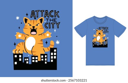 Cute cat attack the city illustration with tshirt design premium vector the Concept of Isolated Technology. Flat Cartoon Style Suitable for Landing Web Pages,T shirt, Flyers, Stickers