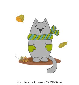 Cute cat autumn for invitation, greeting card design. Autumn background. Vector illustration of hand drawn sketch gray cat in scarf.
