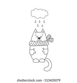 Cute cat autumn for invitation, greeting card design. Autumn background. Hand drawn illustration. Coloring book.