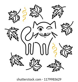 Cute cat. Autumn leave. Vector illustration