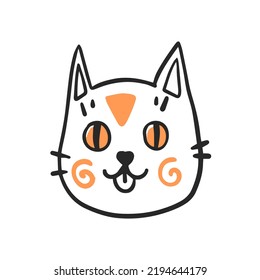 Cute cat avatar logo symbol in doodle style. Funny hand drawn cat head in line art cartoon style. Simple kids art, t shirt print, veterinary logo, pet shop icon. Isolated vector illustration