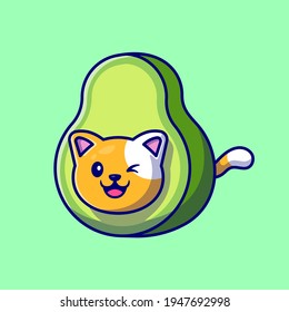 Cute Cat Avocado Cartoon Vector Icon Illustration. Animal Food Icon Concept Isolated Premium Vector. Flat Cartoon Style