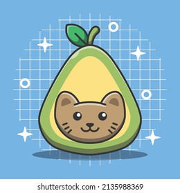 Cute cat avocado character vector illustration. Animal fruit cartoon.