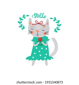 Cute cat baby girl in dress holds flower in her paws. Hello lettering. Vector illustration isolated on white. Could be used for greeting card, children wear, kids t-shirts, etc.  