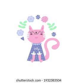 Cute cat baby girl with flowers. Funny cartoon kitty in dress, sweet animal. Vector illustration isolated on white. Could be used for postcards, kids wear, babies t-shirt, etc.