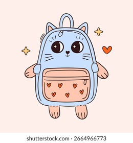 Carácter lindo de la mochila del gato. De vuelta a la escuela doodle equipo. Divertida mochila escolar de animales. gráfico de Vector
