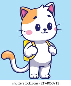 Cute cat with bag cartoon vector icon illustration. animal education icon concept isolated flat