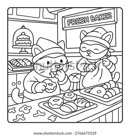 Cute Cat Bakery Theft Coloring Page - Kittens Stealing Fresh Donuts and Bakes