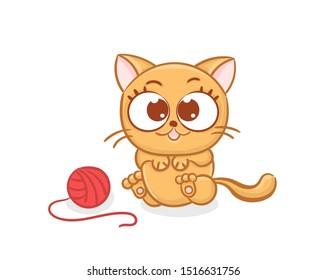 Cute cat with a ball of thread, wants to play, cartoon style. Cat Flat vector illustration. Kawaii card sketch for t shirt design, School books, Greeting cards, posters