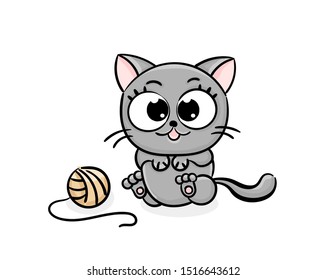 Cute cat with a ball of thread, wants to play, cartoon style. Cat Flat vector illustration. Kawaii card sketch for t shirt design, School books, Greeting cards, posters