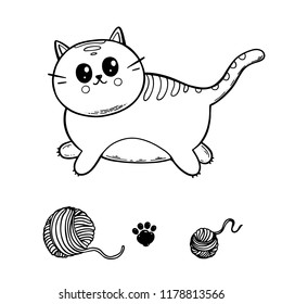 Cute cat and ball of threads hand drawn. Vector illustration. Kawaii illustration.