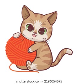 cute cat with ball of yarn anime style