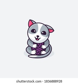 Cute cat with ball of yarn cartoon logo design