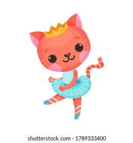 Cute Cat in Ballerina Dress and Crown on Head Dancing Vector Illustration