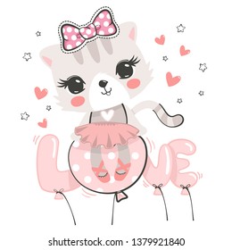 Cute cat ballerina wearing pink bow sitting on love balloon isolated on white background illustration vector.