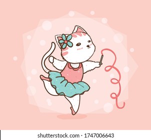 cute cat ballet dancing in pink and blue green dress, idea for greeting card, t shirt kid stuff printing