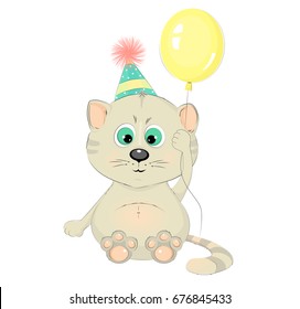 Cute cat with a balloon cartoon character vector illustration. Pretty kitten.