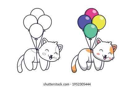 Cute cat with balloon cartoon coloring pages for kids