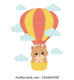 Cute cat with a balloon. Fluffy kitten cartoon vector illustration.