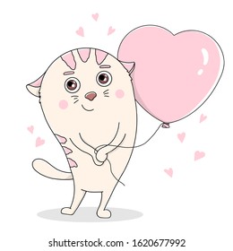 Cute cat with a balloon in the form of a heart. Colorful vector illustration on white background. Hand-drawn. Valentine s day.