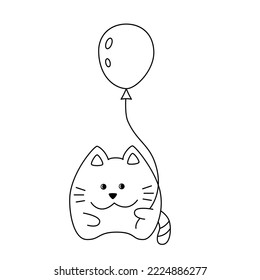 Cute cat with balloon funny cartoon doodle outline vector illustration isolated on white background. Black and white cat contour line art. Cute smiling animal character. Coloring book page for kids.