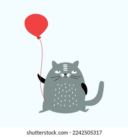 Cute cat with balloon. Funny fat pet go to the party. Cartoon animal, idea for print on kids t shirt, birthday cards, shower. Hand drawn vector illustration isolated on white. Flat design