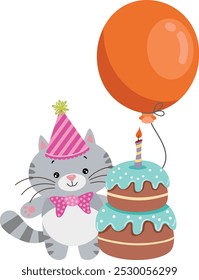 Cute cat with balloon and happy birthday cake