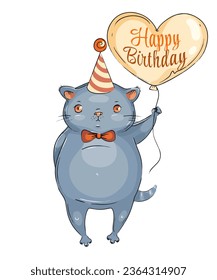 Cute cat with a balloon with the inscription Happy Birthday. Vector. Holiday card, art for accessories, wallpapers, hobbies