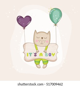 Cute Cat with Balloons. Baby Shower or Arrival Card, in vector