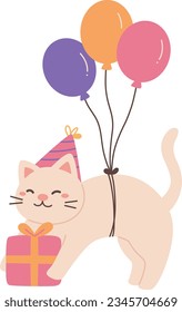 cute cat with balloons . Happy birthday. Cute cat with gift box