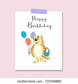 Cute cat with balloons and words Happy Birthday. Vector cartoon illustration can be used for baby t-shirt, print design, baby shower, greeting and invitation card.