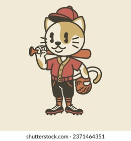 Cute Cat Baseball Player Mascot Vintage Isolated
