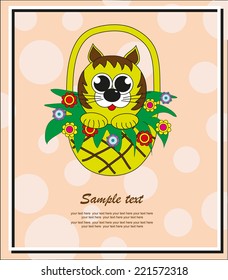 Cute cat in a basket with flowers. Vector.