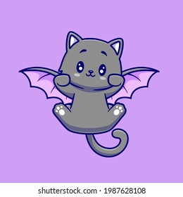 Cute Cat Bat Flying Cartoon Vector Icon Illustration. Animal Halloween Icon Concept Isolated Premium Vector. Flat Cartoon Style